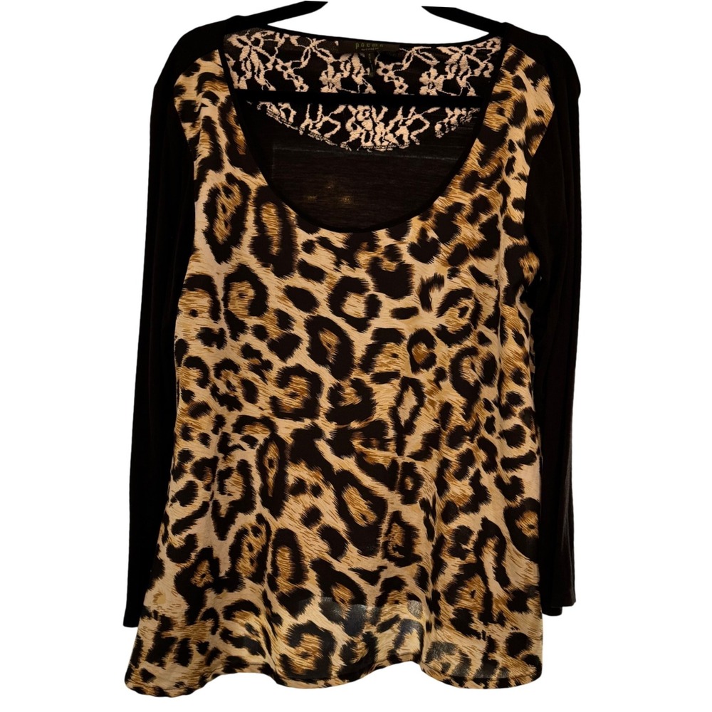 Poeme by Citron Womens XL Leopard Print Long Sleeve Mixed Media Top Black‎ Lace